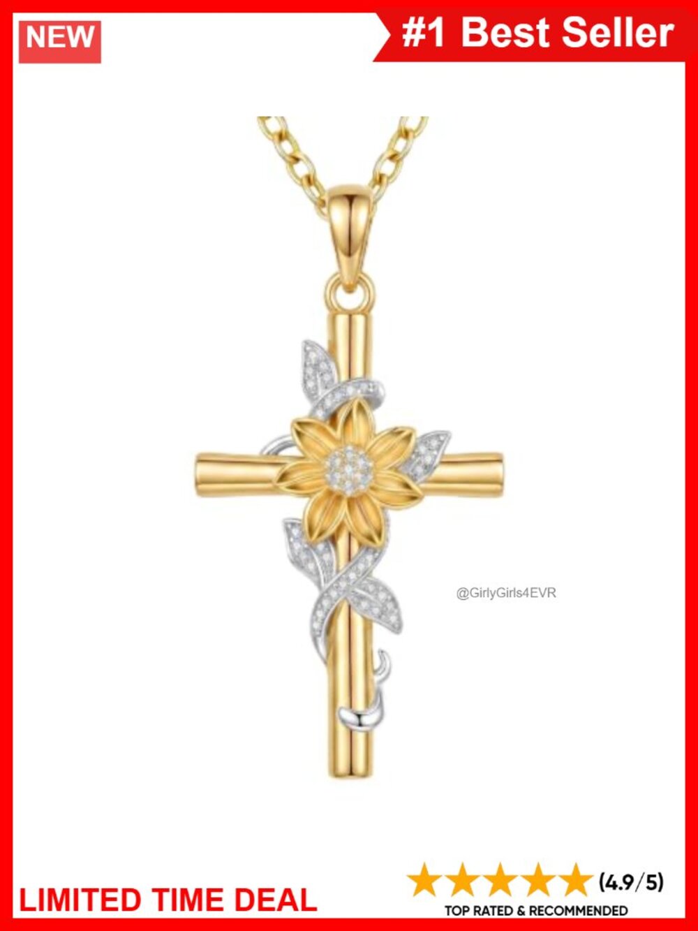 14K Gold Plated Sunflower Cross Necklace Stainless Steel Chain 18+2" Gift